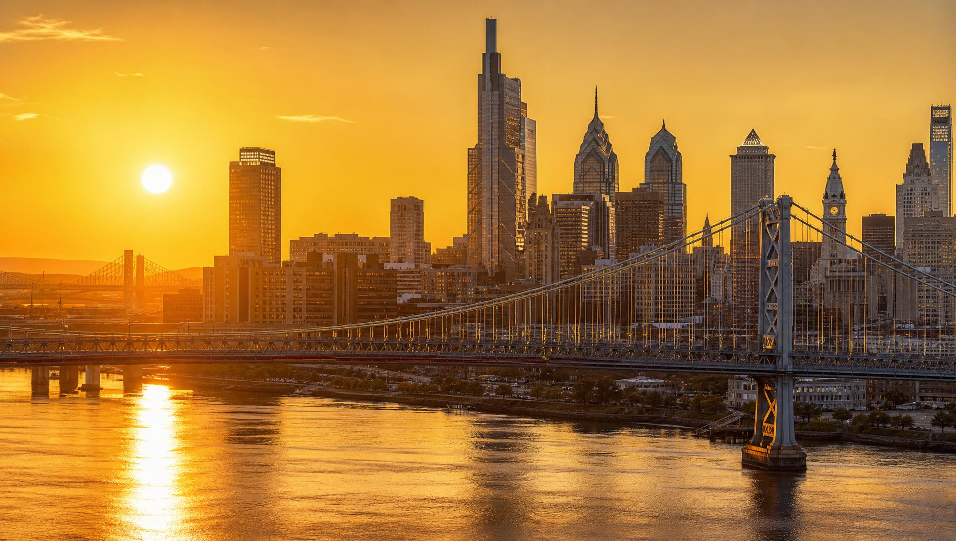 Philadelphia skyline at golden-hour dusk with the Benjamin Franklin Bridge spanning the Delaware River